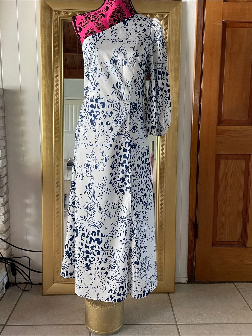 SHEIN White and Navy One-Shoulder Floral & Animal Print Midi Dress
